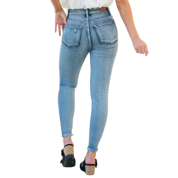Judy Blue High Rise Skinny Jeans Bleach Splash Distressed Raw Hem Stretch 28 7 - Picture 8 of 13